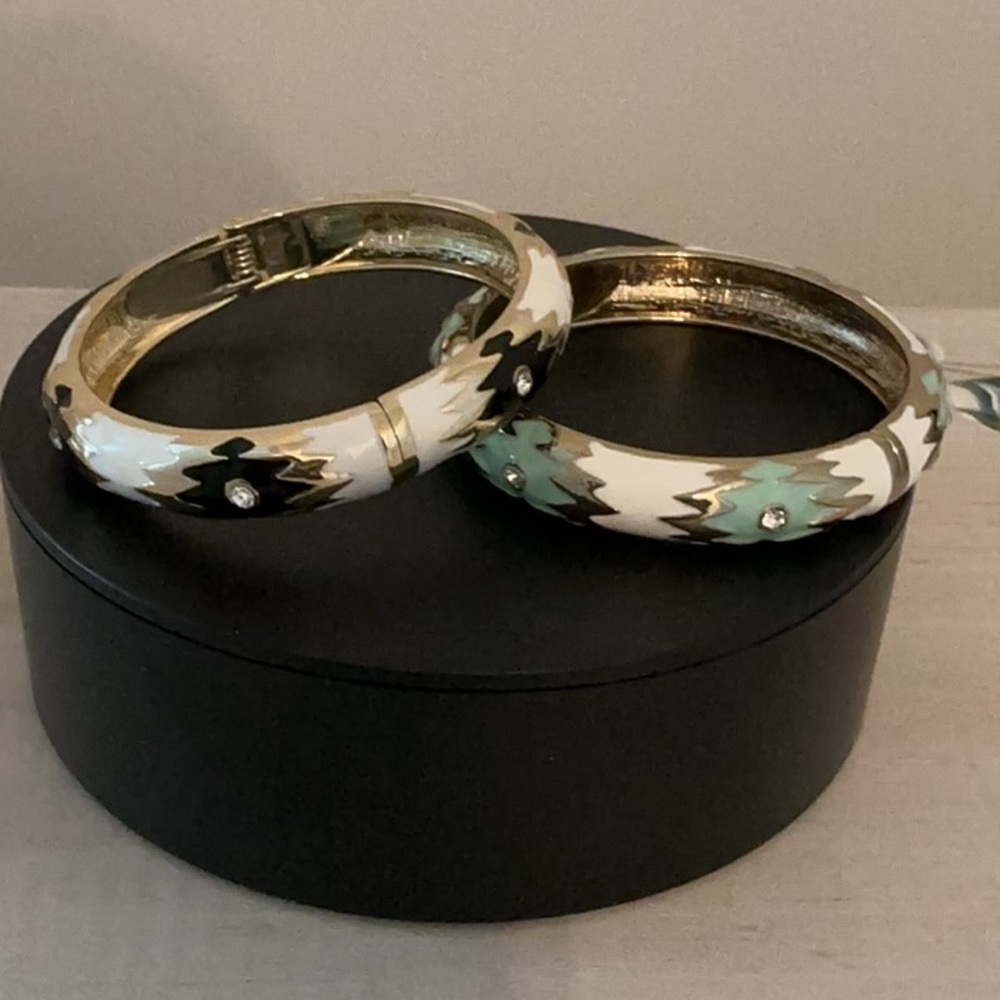 Two Hinged Bangle Bracelets Black/White & Green/White Gold w/Clear Stones NWOT